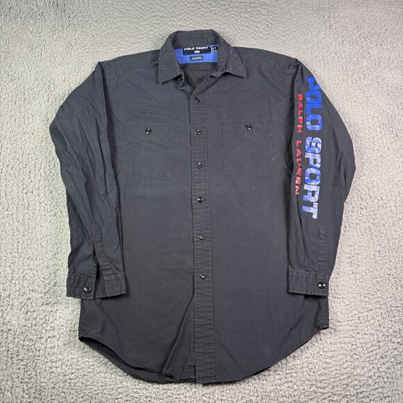 Vintage Ralph Lauren Polo Sport Button Shirt Mens S Black Spell Out Logo Work - Picture 2 of 9